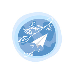 A paper plane flying over the world and covering it with a blooming branch, concept for the carbon offset