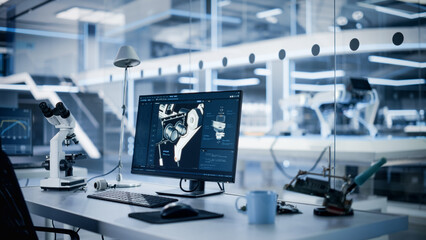 Modern Industrial Research Laboratory with Desktop Computer with 3D Cad Software on Display....