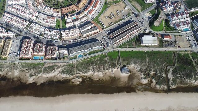 tarifa town and beach from above, perfect white beach, droneshot