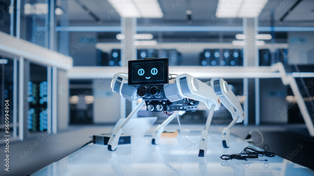 Fototapete Robot Dog Prototype Standing in a High Tech Modern Industrial Facility. Mobile Robot with Lidars, Sensors, Optics, Computers, Cameras, Screen with Running Software Code and Smiling Emoji.