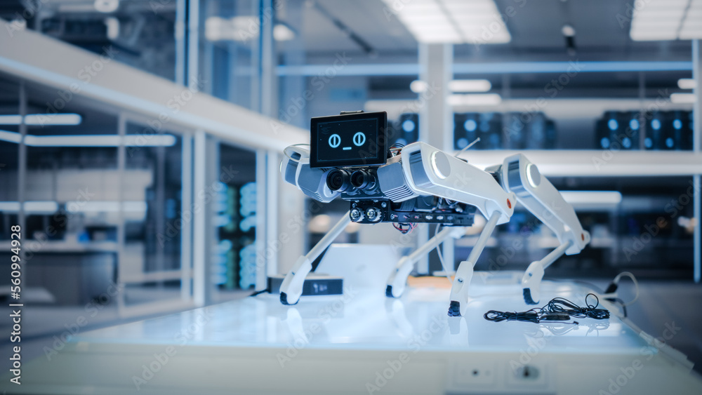 Poster Robot Dog Prototype Standing in a High Tech Modern Industrial Facility. Mobile Robot with Lidars, Sensors, Optics, Computers, Cameras, Screen with Running Software Code and Smiling Emoji.