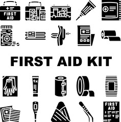 first aid kit medicine health icons set vector. medical care, hospital aid, doctor box, emergency cross, case help bage first aid kit medicine health glyph pictogram Illustrations