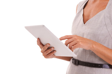 Hands, business woman and tablet in studio, isolated on white background or mockup space. Closeup worker, female model and digital technology for corporate management, internet advertising or web app