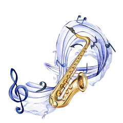 Musical symbols and wind musical instrument watercolor illustration isolated on white. Trumpet, saxophone woodwind instrument hand drawn. Element for design wrapping, postcard, brochure, invitation.