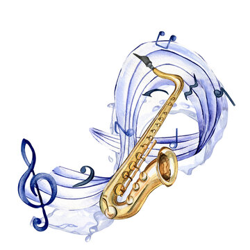 Musical symbols and wind musical instrument watercolor illustration isolated on white. Trumpet, saxophone woodwind instrument hand drawn. Element for design wrapping, postcard, brochure, invitation.