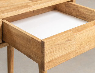 Drawers close view photo, wooden furniture background