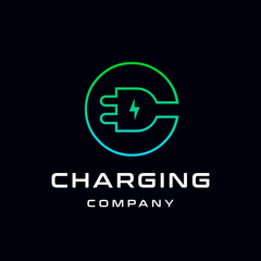 Letter C Electric Plug vector logo template. Font with green and blue gradient graphic. Technology background. This alphabet is suitable for energy, power, cable, wire, electrical, device, connect.