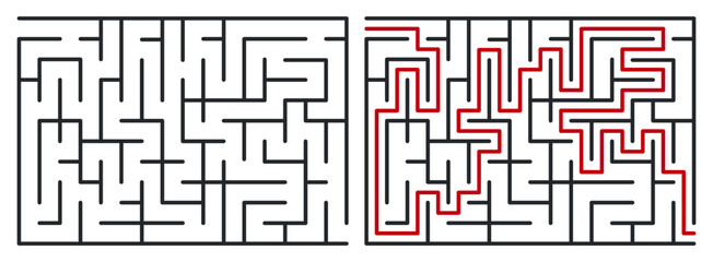 Abstract maze. Find right way. Isolated simple square maze black line on white background. Vector illustration.
