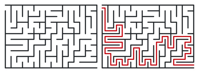 Abstract maze. Find right way. Isolated simple square maze black line on white background. Vector illustration.