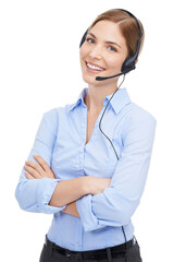 Portrait, customer service and woman at call center in studio isolated on a white background. Face,...
