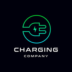 Letter O Electric Plug vector logo template. Font with green and blue gradient graphic. Technology background. This alphabet is suitable for energy, power, cable, wire, electrical, device, connect.