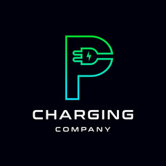Letter P Electric Plug vector logo template. Font with green and blue gradient graphic. Technology background. This alphabet is suitable for energy, power, cable, wire, electrical, device, connect.