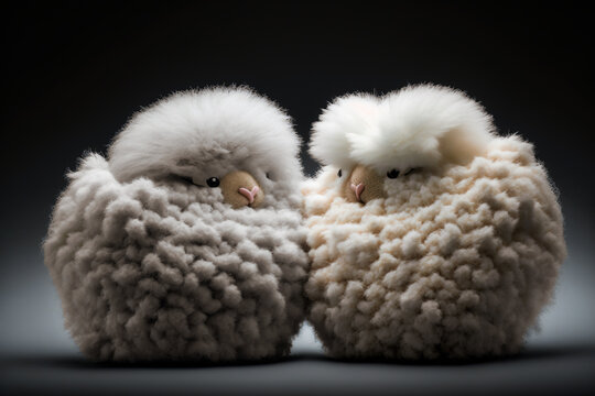 Couple of two cute cuddly furry fantasy sheep. Generative AI.