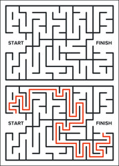 Abstract maze. Find right way. Isolated simple square maze black line on white background. Vector illustration.