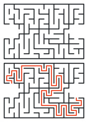 Abstract maze. Find right way. Isolated simple square maze black line on white background. Vector illustration.