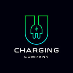 Letter U Electric Plug vector logo template. Font with green and blue gradient graphic. Technology background. This alphabet is suitable for energy, power, cable, wire, electrical, device, connect. © ismadesign