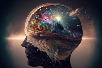 Human brain, human mind, idea. Psychedelic art, fractalism, psychedelic, surrealism. Generative AI. - obrazy, fototapety, plakaty