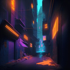 A dark neon alley in a dystopian cityscape, features dark blues and purples, with a hint of electric yellow and orange, made with generative AI.