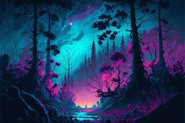 A mystical forest set against a colorful, dreamy night sky, featuring neon blues, purples, and yellows, made with generative AI.