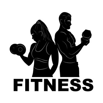Sport. Man and woman in training. Fitness. Silhouette. Dumbbells. Logo. GYM. Bodybuilding.