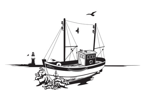 Fischkutter auf der Ostsee mit Leuchtturm