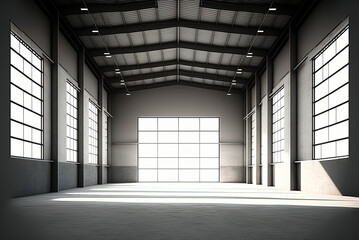 Big Empty Steel Concrete Hangar Warehouse Barn Huge Space. Generative AI.