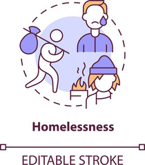 Homelessness concept icon. Rejection problem. LGBTQI mental health risk factor abstract idea thin line illustration. Isolated outline drawing. Editable stroke. Arial, Myriad Pro-Bold fonts used