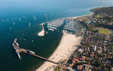 An aerial view of the waterfront in Santa Barbara, CA.