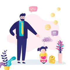 Bullying, psychological pressure on child. Family problems, father or teacher finger pointing on child. Kid girl with mental disorder problem. Bullying or abuse on children at school concept.