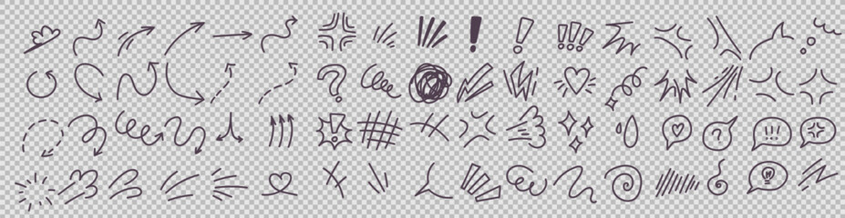 Anime manga hand drawn effect set. Collection of arrows and speech bubble. A transparent background. A vector illustration. Doodle anime icons.  - obrazy, fototapety, plakaty