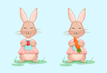 Set of rabbits with carrots and Easter Bunny with carrots.