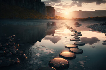 A row of stepping stones in the water at sunset, Generative AI