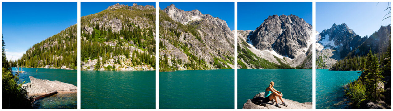 Colchuck Lake, Alpine Lakes Wilderness, Washington, USA. A panoramic image of a young woman enjoys the turquoise waters of Colchuck Lake beneath Dragontail, a mountain in the Encha