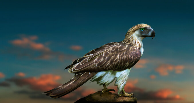 Philippine Eagle against sunset clouds, Davao, Mindanao, Philippines