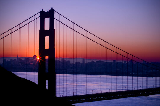 Sunrise over Golden Gate Bridge taken from Golden Gate National Recreation Area outside of San Francisco, California.