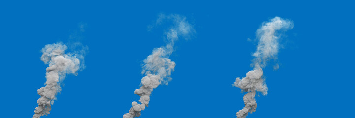 3 grey carbon dioxide smoke columns from fuel oil power plant on blue, isolated - industrial 3D illustration