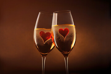 Two glasses of champagne with two hearts