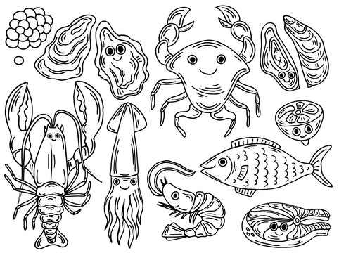 Hand-drawn fish doodle set. Hipster abstract doodles for printouts with funny creatures. Fish, jellyfish, starfish, blob fish. Kawaii black and white vector illustrations isolated on white background.