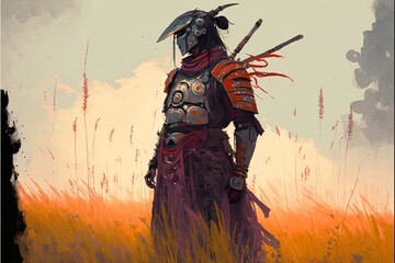 Samurai standing in a field of tall grass, digital painting style made with generative AI.