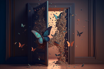 An open door with butterflies flying out of it, Generative AI