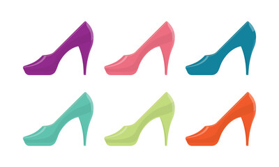 Heels of women vector set. Icon of heels in different colors set