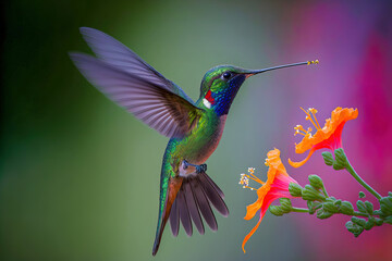 Hummingbird flying to pick up nectar from a beautiful flower. Digital artwork  © Katynn