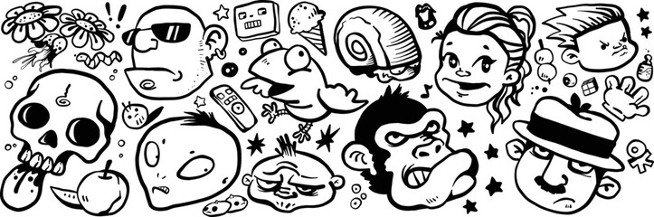 Doodle art variety characters cartoon funny animals patterns seamless background decoration design black and white