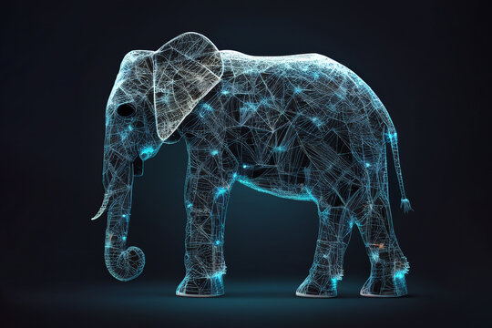 Neural network of an elephant with big data and artificial intelligence circuit board in the body of the animal, outlining concepts of a digital brain, computer Generative AI stock illustration photo