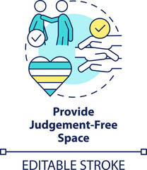 Provide judgement free space concept icon. Supporting gender identity abstract idea thin line illustration. Isolated outline drawing. Editable stroke. Arial, Myriad Pro-Bold fonts used