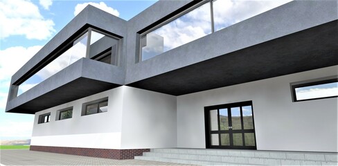 Abstract design of the modern style porch with long concrete steps and metal door with glass inserts. White and gray plaster facade. 3d rendering.