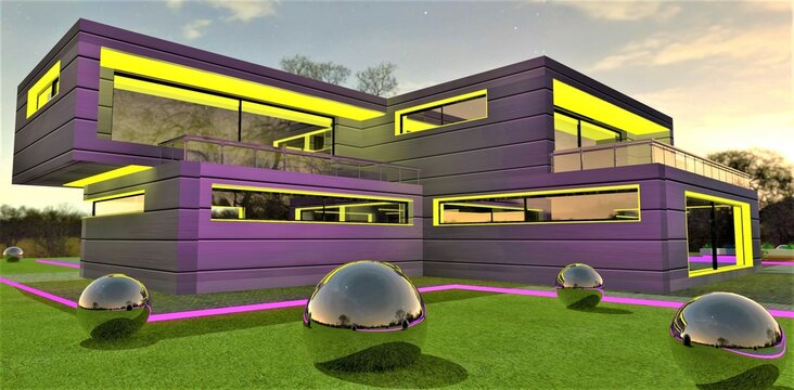 Stylish yellow illumination of the window archs of the contemporary family cottage with alluminium facade finishing. Stunning steel spheres on the lawn. 3d rendering.