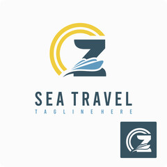 Initial Z Letter with Ship Marine, Wave and Sun Icon for Travel Holiday Agency Business Logo Idea Template