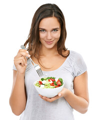 Health girl and portrait with wellness salad for diet nutrition with cheerful and happy smile. Beautiful dieting model excited for healthy food lifestyle on isolated white background.
