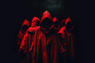 hooded red figures gathering in a dark room. Generative Ai - obrazy, fototapety, plakaty
